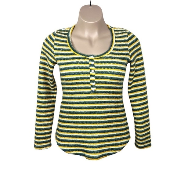 XL Juniors Fuzzy Knit Long Sleeve Top Blue Yellow Green Striped Fitted 7th Ray - Picture 1 of 8